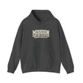 Missouri Kansas City Mission Hoodie in Dark Heather, front view with the varsity mission design