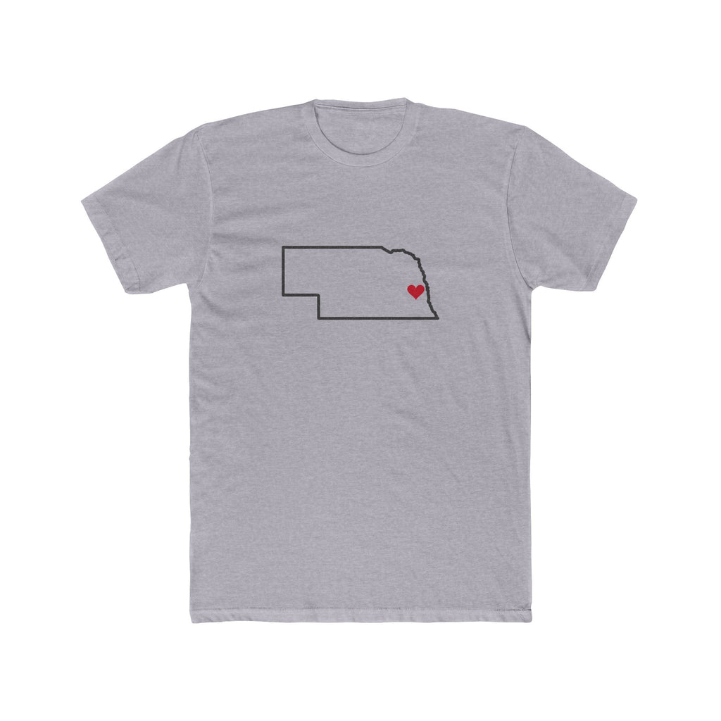 Nebraska Omaha Mission Heart Map shirt in Heather Grey: Nebraska outline with a red heart, front view
