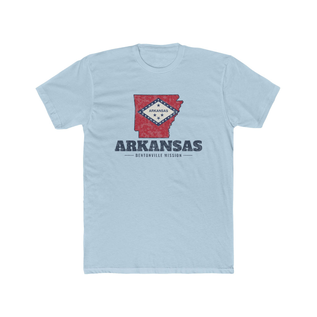 Arkansas Bentonville Mission Flag Map shirt in Desert Pink: Arkansas state flag in the outline of Arkansas with navy lettering, front view