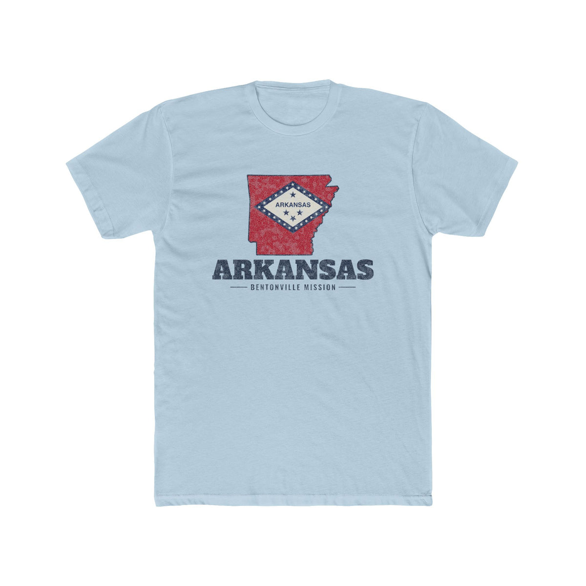 Arkansas Bentonville Mission Flag Map shirt in Desert Pink: Arkansas state flag in the outline of Arkansas with navy lettering, front view