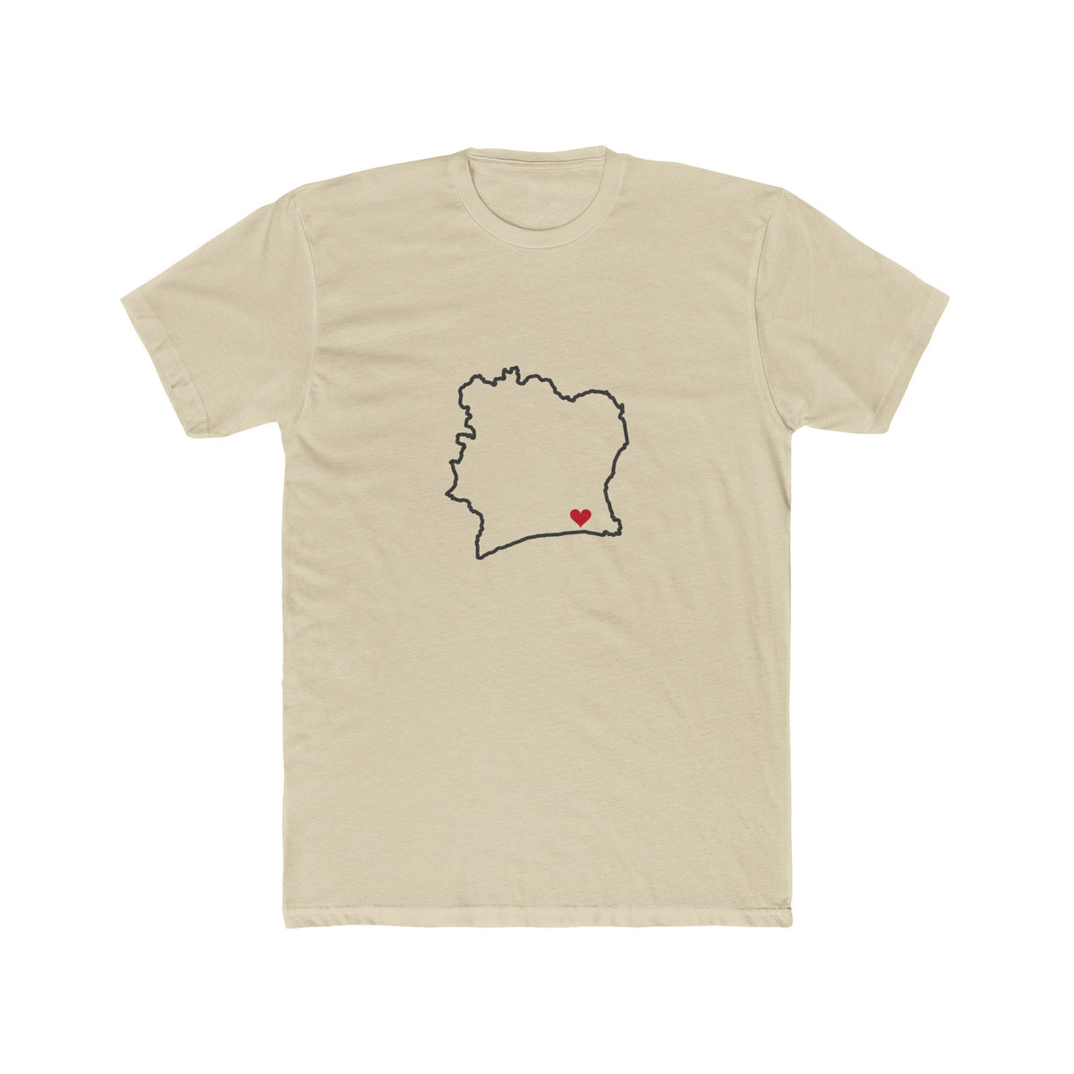 Cote d'Ivoire Abidjan South Mission Heart Map shirt in Cream: Cote d'Ivoire outline with a red heart, front view