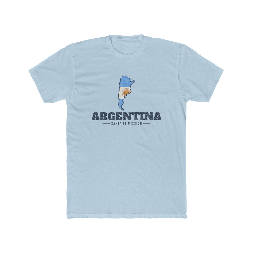 Argentina Santa Fe Mission Flag Map shirt in Desert Pink: flag of Argentina in the outline of Argentina with navy lettering, front view