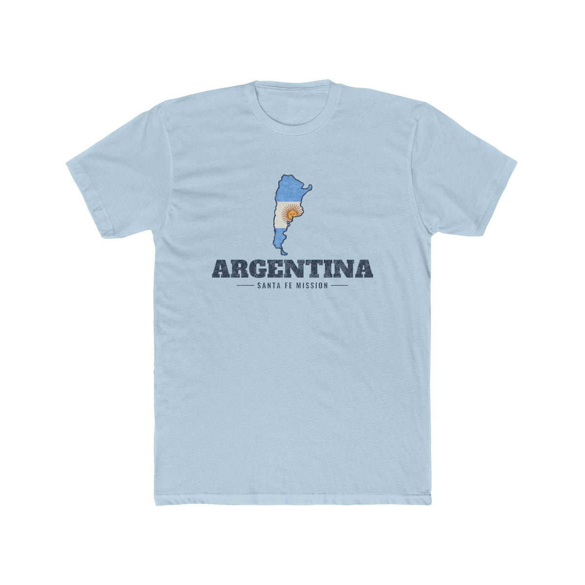 Argentina Santa Fe Mission Flag Map shirt in Desert Pink: flag of Argentina in the outline of Argentina with navy lettering, front view
