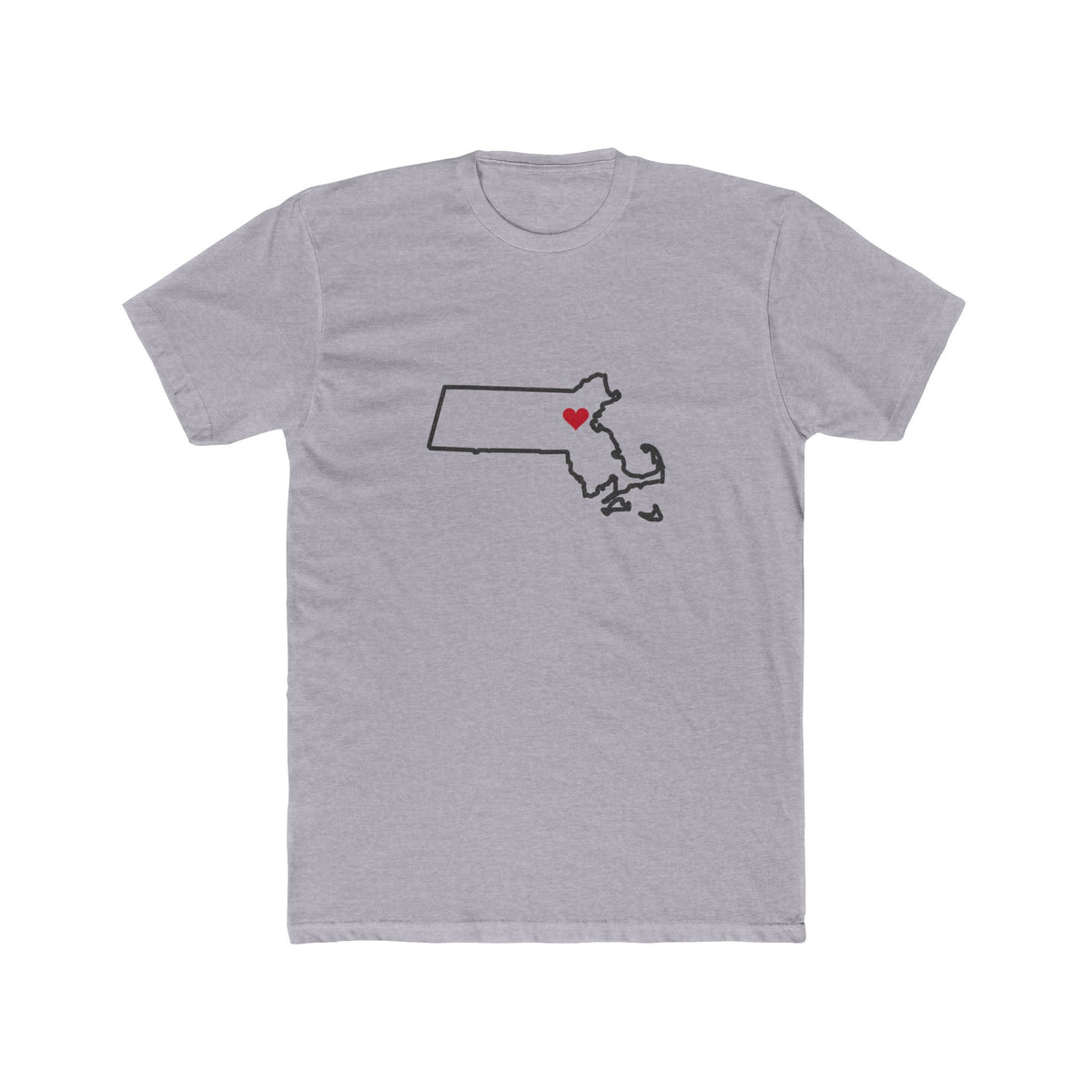 Massachusetts Boston Mission Heart Map shirt in Heather Grey: Massachusetts outline with a red heart, front view