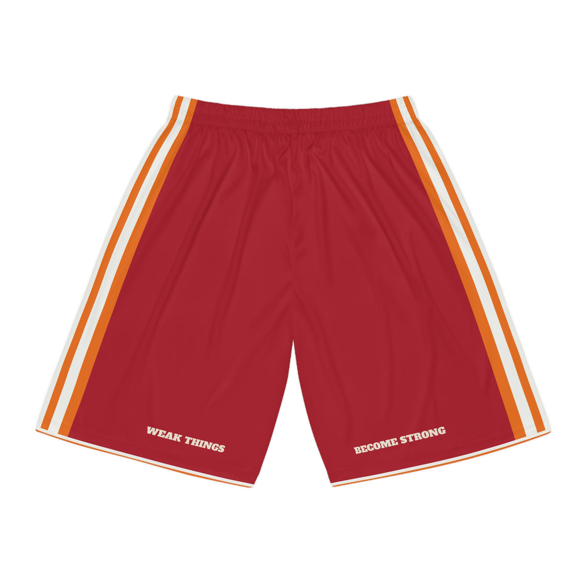 California Newport Beach Mission Basketball Shorts, back view with WEAK THINGS and BECOME STRONG on the legs