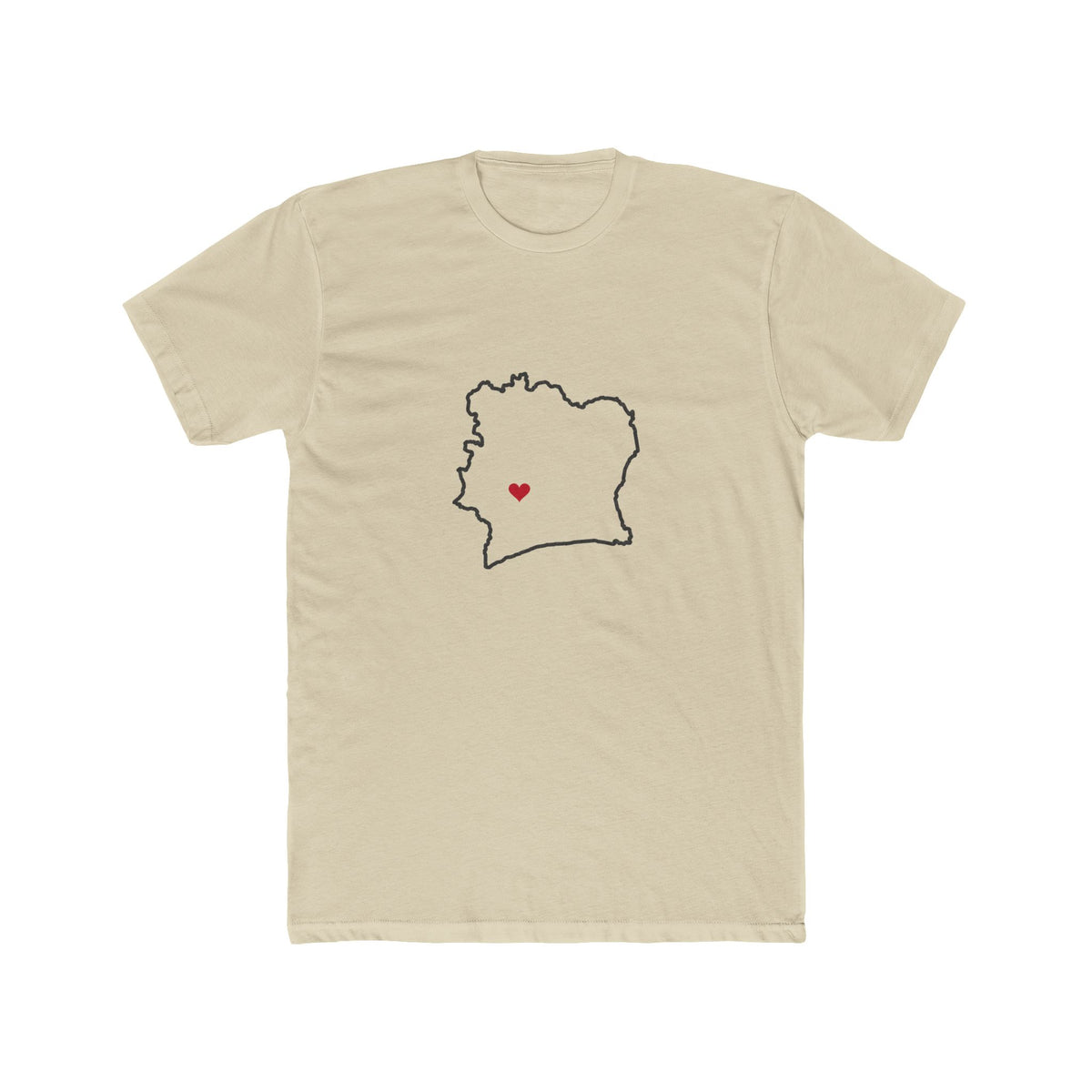 Cote d'Ivoire Daloa Mission Heart Map shirt in Cream: Cote d'Ivoire outline with a red heart, front view