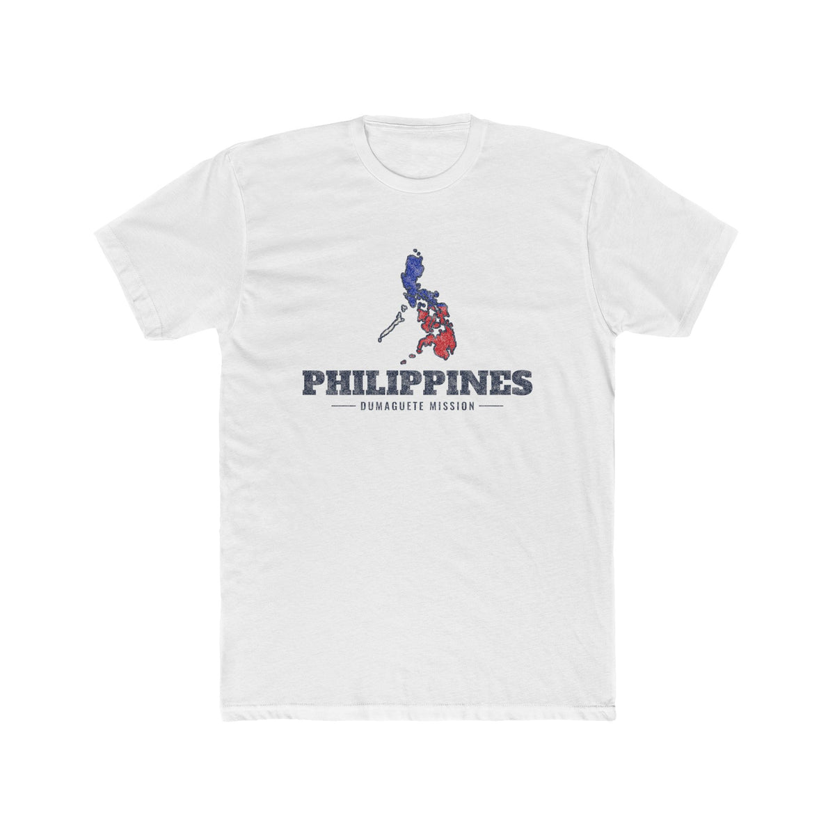 Philippines Dumaguete Mission Flag Map shirt in White: colors of the Philippine flag in the outline of the Philippines with navy lettering, front view