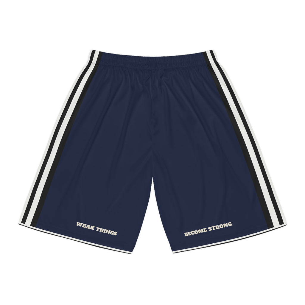 Virginia Norfolk Mission Basketball Shorts, back view with WEAK THINGS and BECOME STRONG on the legs