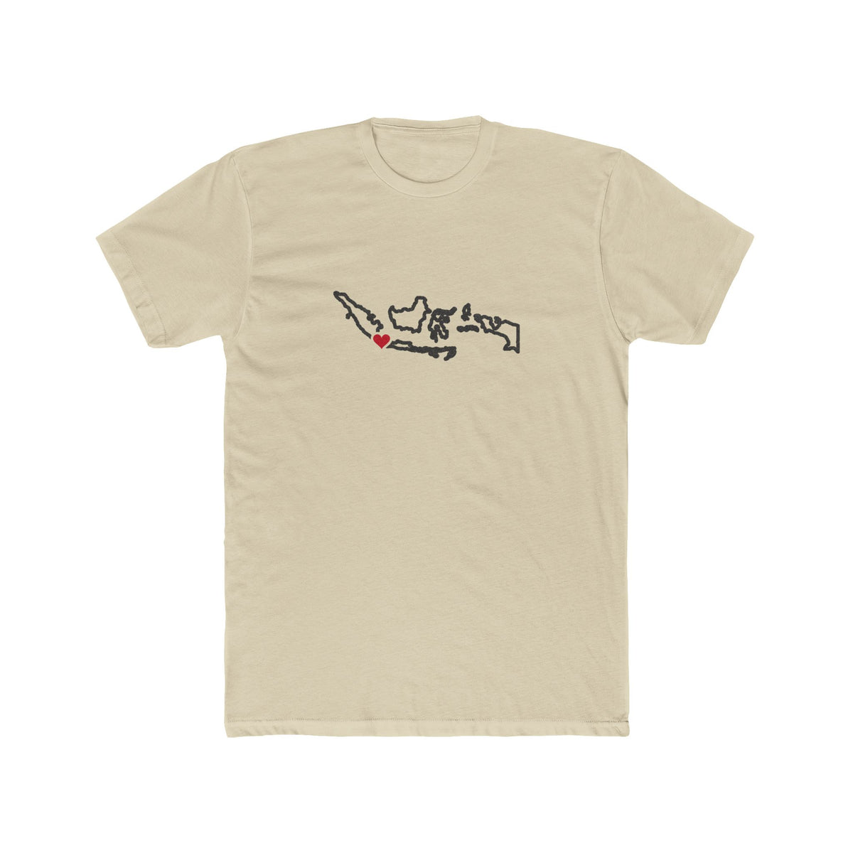 Indonesia Jakarta Mission Heart Map shirt in Cream: Indonesia outline with a red heart, front view