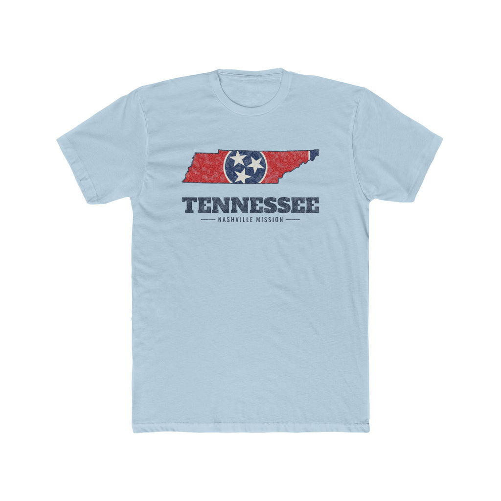 Tennessee Nashville Mission Flag Map shirt in Desert Pink: Tennessee state flag in the outline of Tennessee with navy lettering, front view