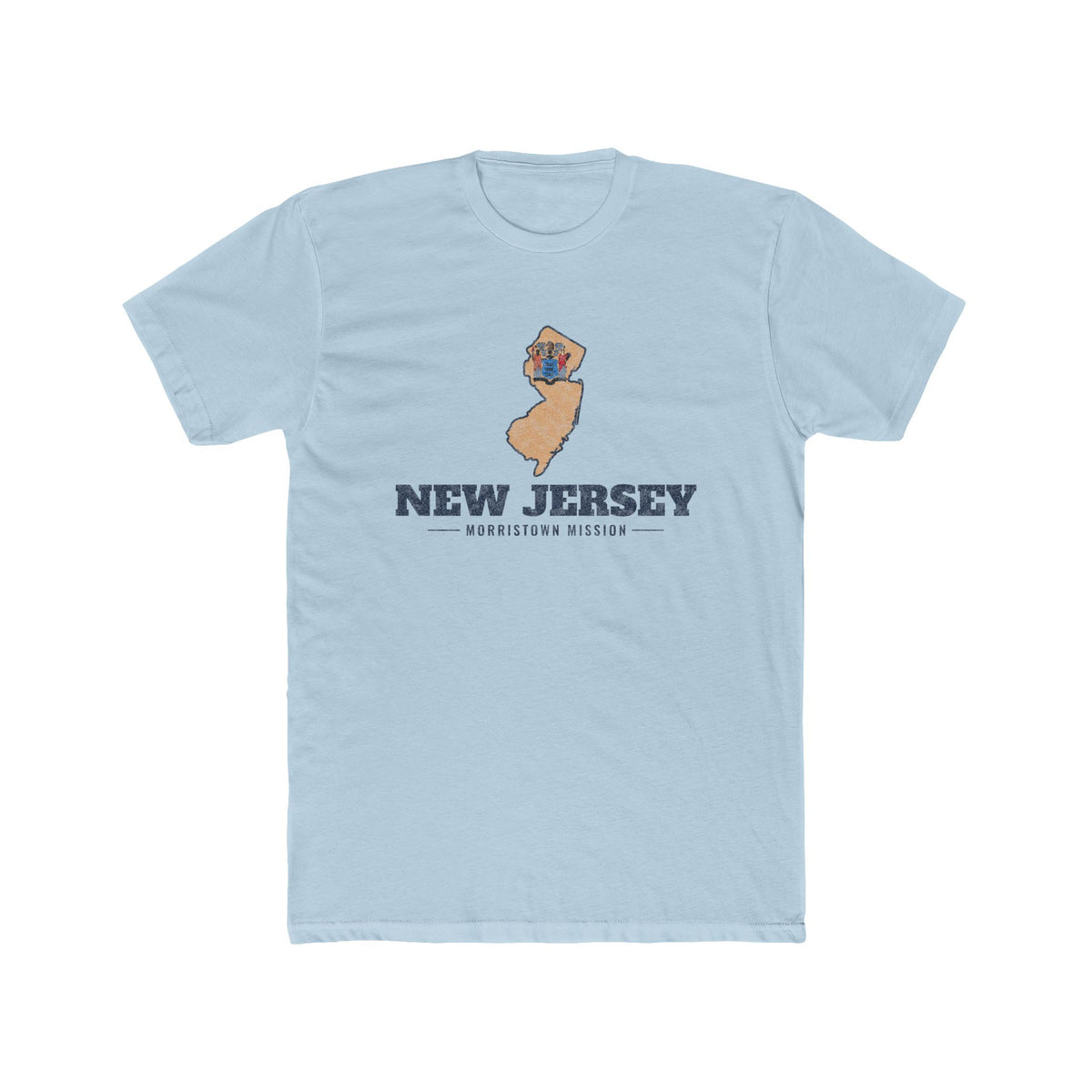 New Jersey Morristown Mission Flag Map shirt in Desert Pink: New Jersey state flag in the outline of New Jersey with navy lettering, front view