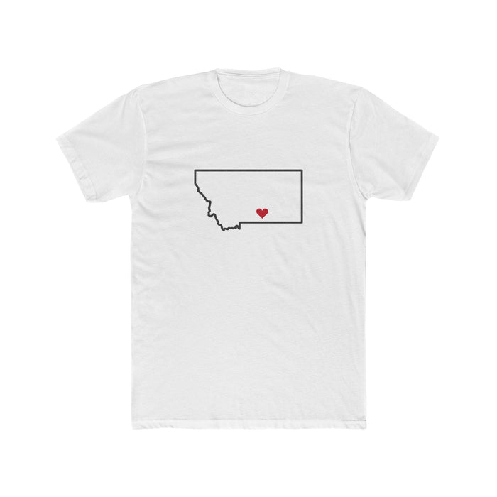 Montana Billings Mission Heart Map shirt in White: Montana outline with a red heart, front view