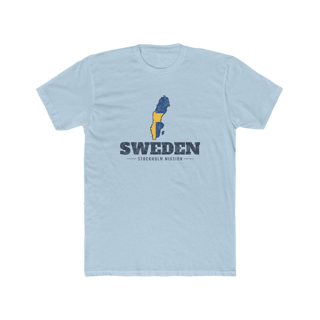 Sweden Stockholm Mission Flag Map shirt in Desert Pink: flag of Sweden in the outline of Sweden with navy lettering, front view