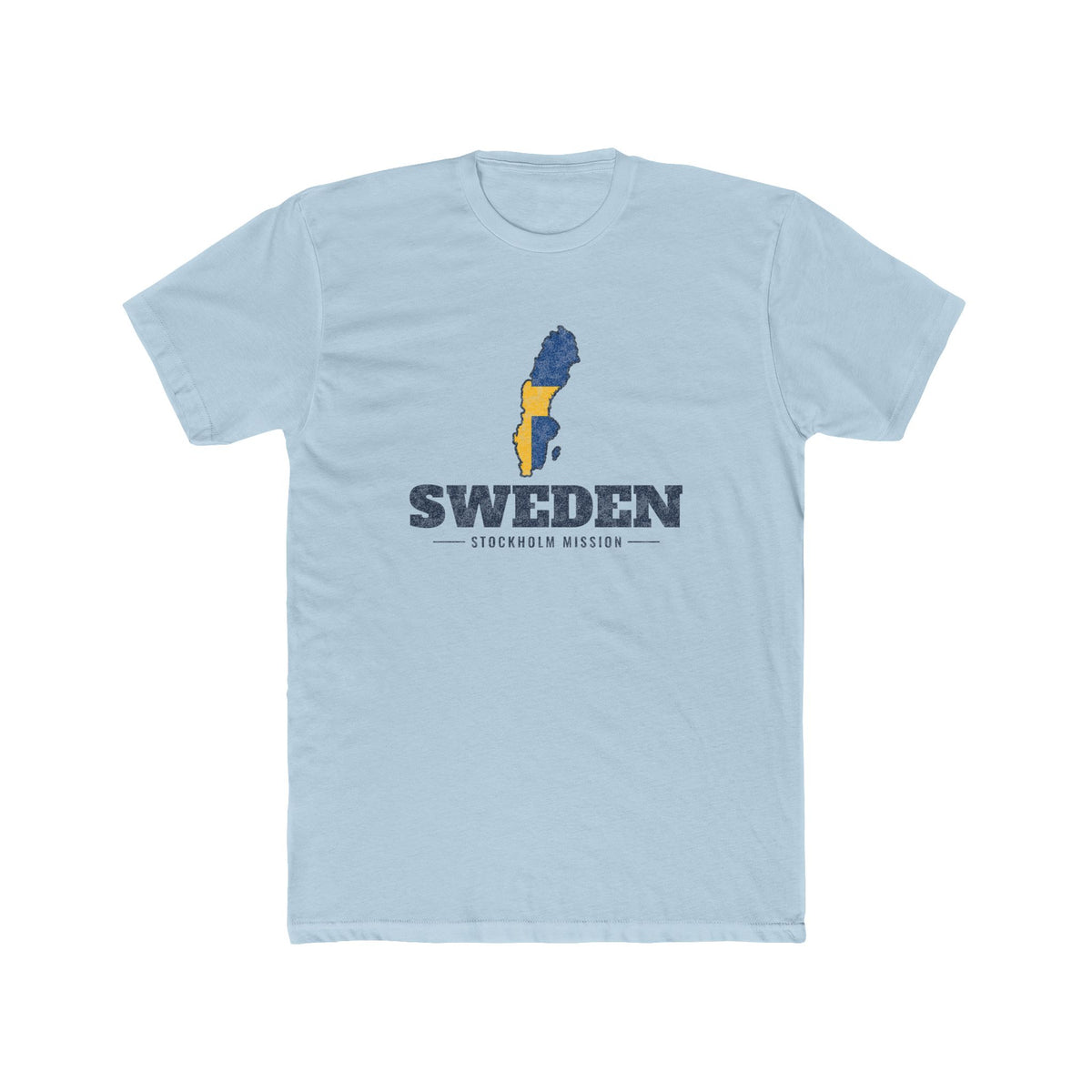 Sweden Stockholm Mission Flag Map shirt in Desert Pink: flag of Sweden in the outline of Sweden with navy lettering, front view