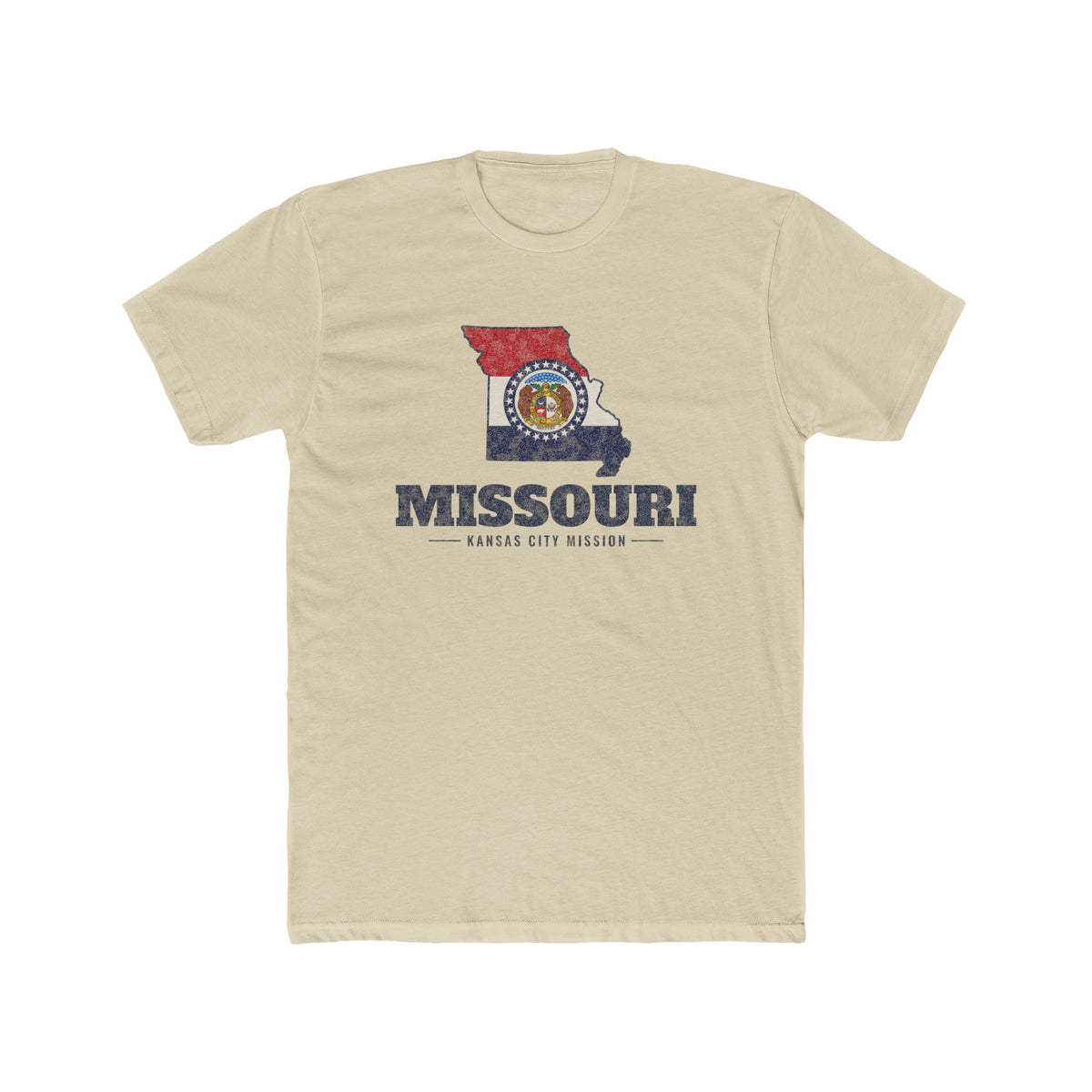 Missouri Kansas City Mission Flag Map shirt in Cream: Missouri state flag in the outline of Missouri with navy lettering, front view