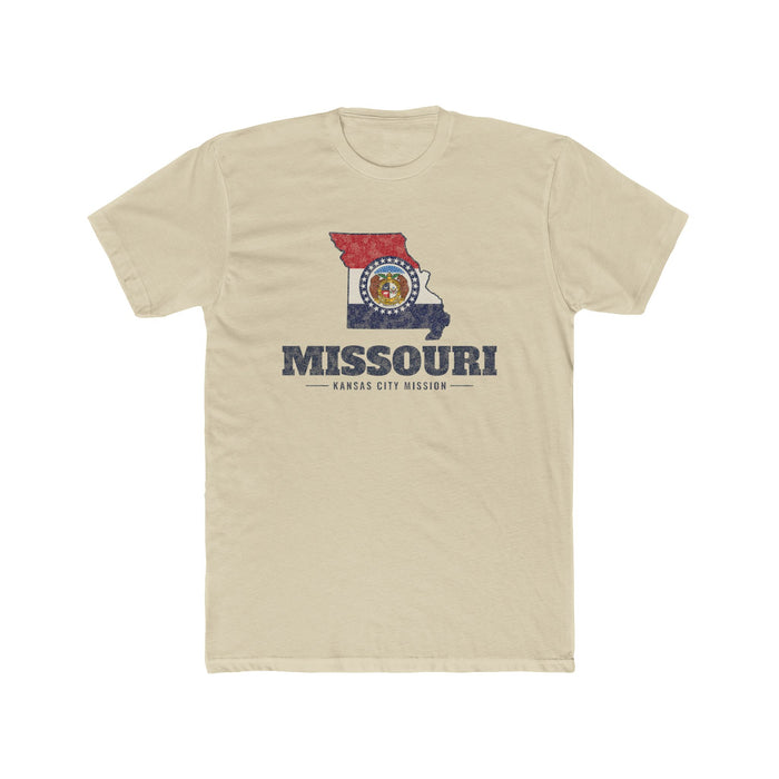 Missouri Kansas City Mission Flag Map shirt in Cream: Missouri state flag in the outline of Missouri with navy lettering, front view