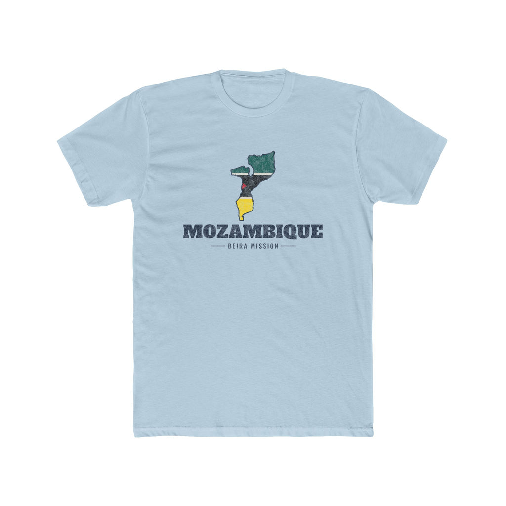 Mozambique Beira Mission Flag Map shirt in Desert Pink: flag of Mozambique in the outline of Mozambique with navy lettering, front view