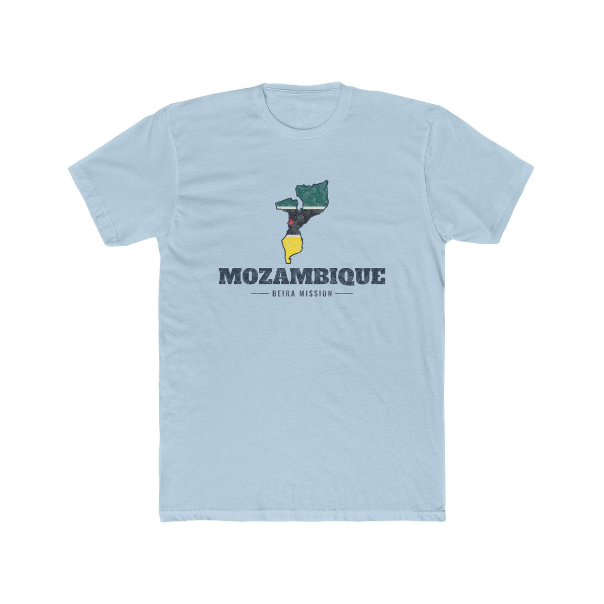 Mozambique Beira Mission Flag Map shirt in Desert Pink: flag of Mozambique in the outline of Mozambique with navy lettering, front view