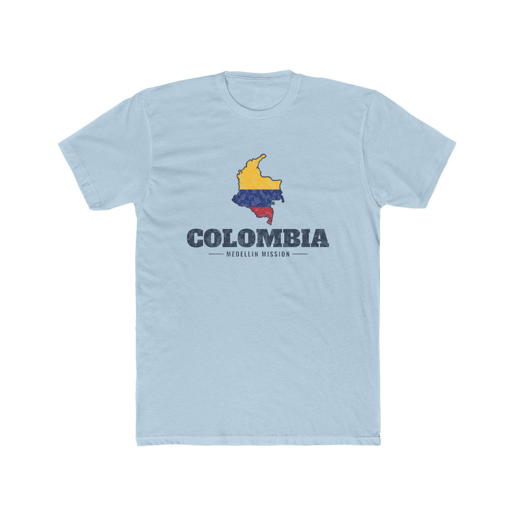 Colombia Medellin Mission Flag Map shirt in Desert Pink: flag of Colombia in the outline of Colombia with navy lettering, front view