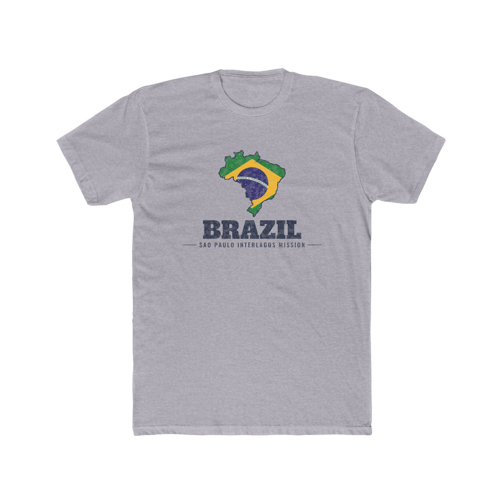 Brazil Sao Paulo Interlagos Mission Flag Map shirt in Heather Grey: flag of Brazil in the outline of Brazil with navy lettering, front view