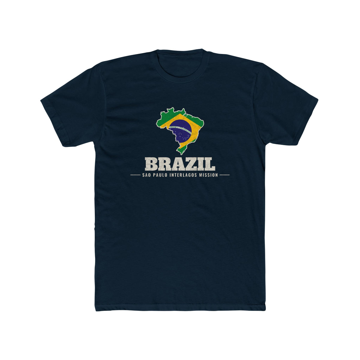 Brazil Sao Paulo Interlagos Mission Flag Map shirt in Black: flag of Brazil in the outline of Brazil with cream lettering, front view