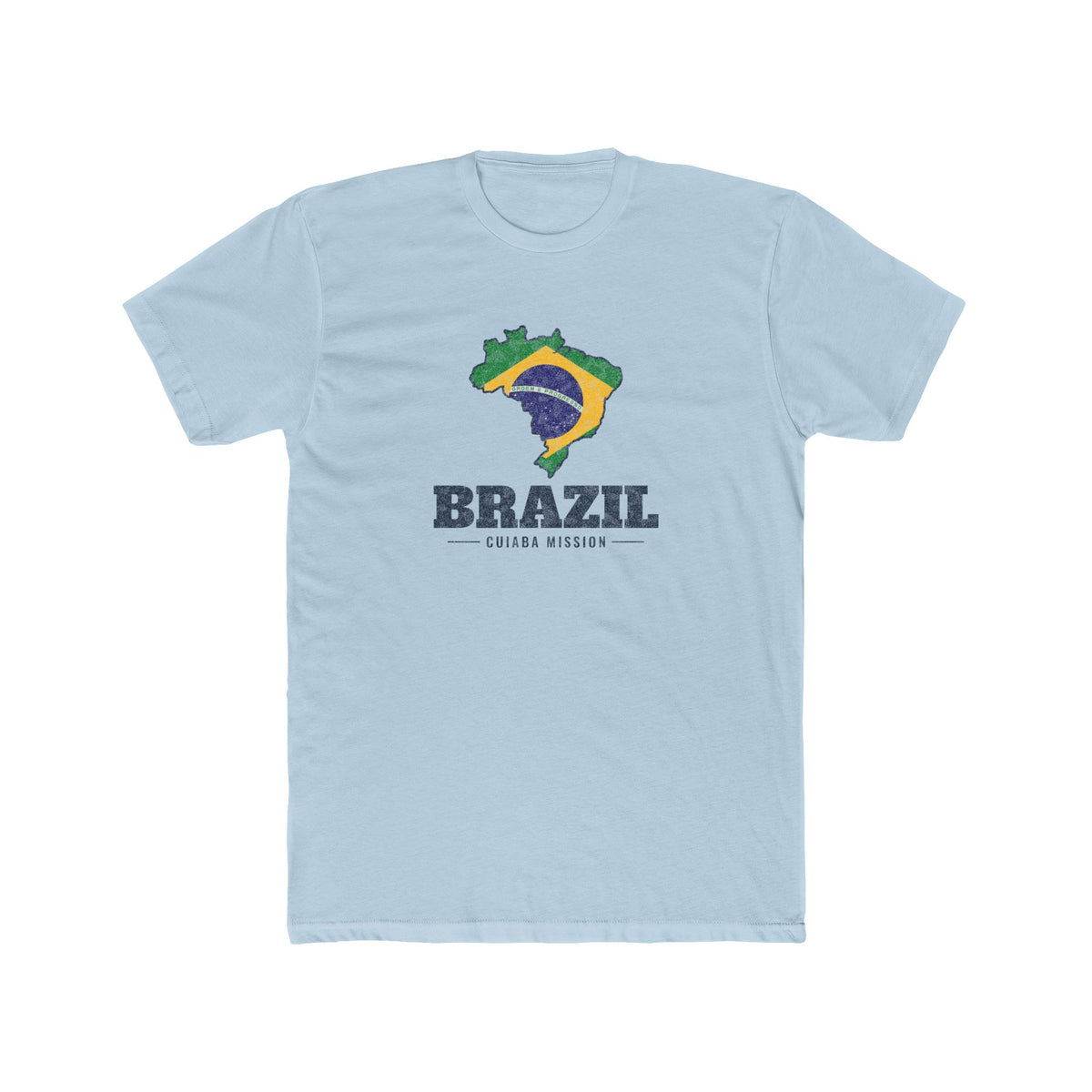 Brazil Cuiaba Mission Flag Map shirt in Desert Pink: flag of Brazil in the outline of Brazil with navy lettering, front view