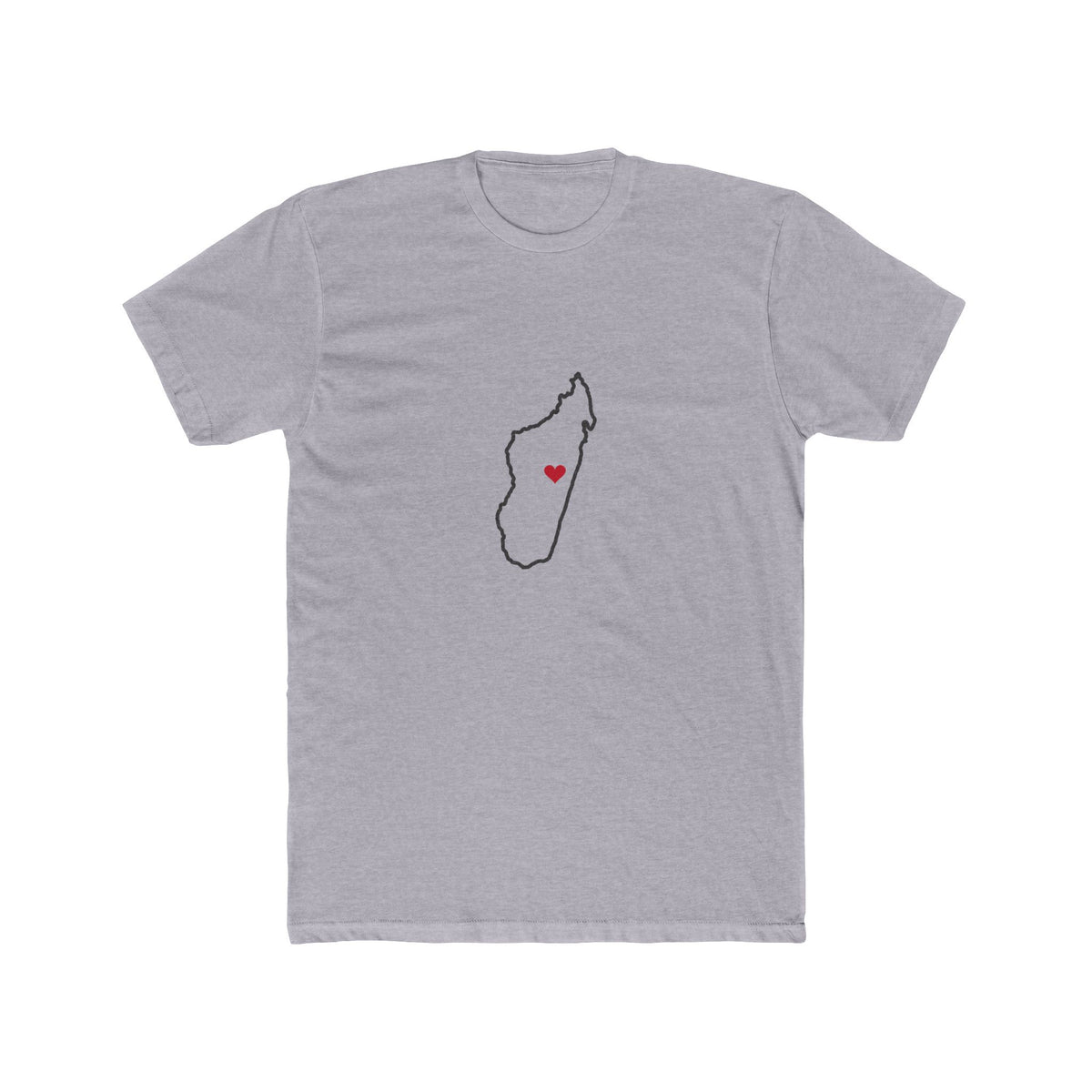 Madagascar Antananarivo South Mission Heart Map shirt in Heather Grey: Madagascar outline with a red heart, front view