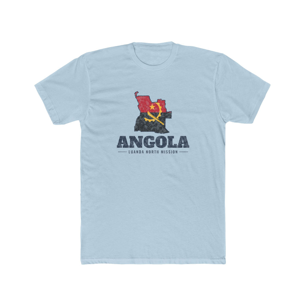 Angola Luanda North Mission Flag Map shirt in Desert Pink: flag of Angola in the outline of Angola with navy lettering, front view
