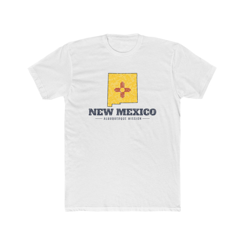 New Mexico Albuquerque Mission Flag Map shirt in White: New Mexico state flag in the outline of New Mexico with navy lettering, front view