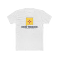 New Mexico Albuquerque Mission Flag Map shirt in White: New Mexico state flag in the outline of New Mexico with navy lettering, front view