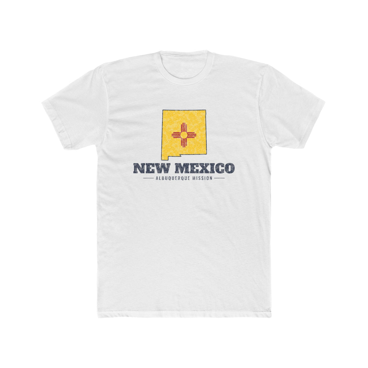 New Mexico Albuquerque Mission Flag Map shirt in White: New Mexico state flag in the outline of New Mexico with navy lettering, front view