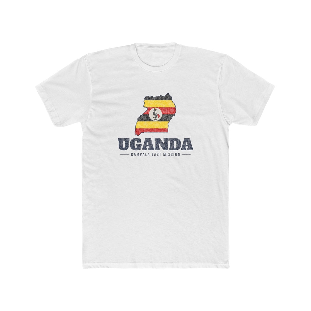 Uganda Kampala East Mission Flag Map shirt in White: flag of Uganda in the outline of Uganda with navy lettering, front view