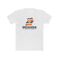 Uganda Kampala East Mission Flag Map shirt in White: flag of Uganda in the outline of Uganda with navy lettering, front view