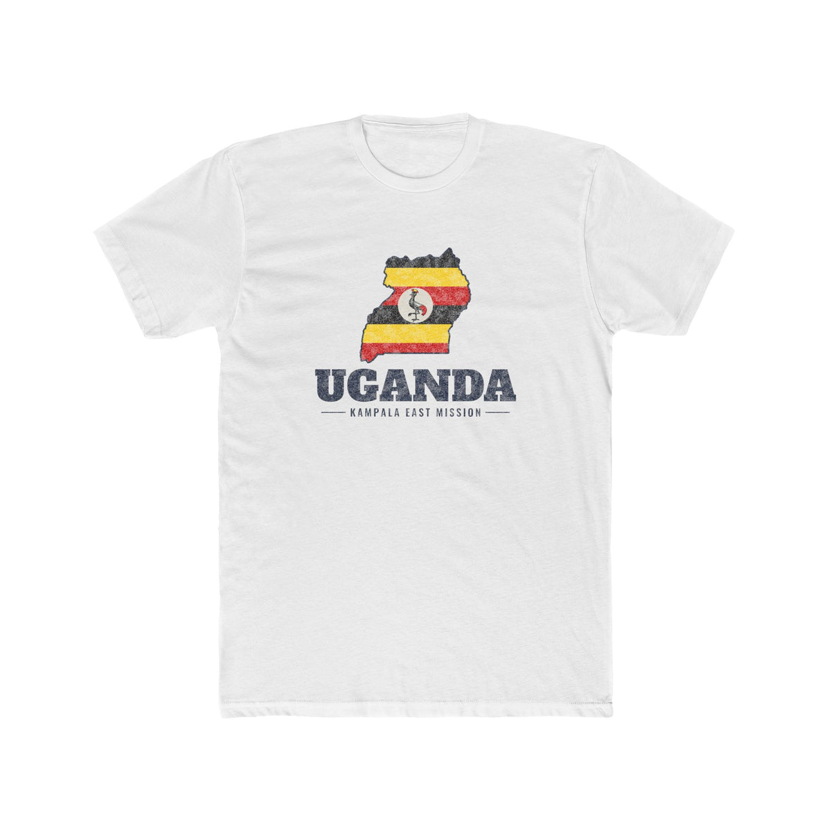 Uganda Kampala East Mission Flag Map shirt in White: flag of Uganda in the outline of Uganda with navy lettering, front view