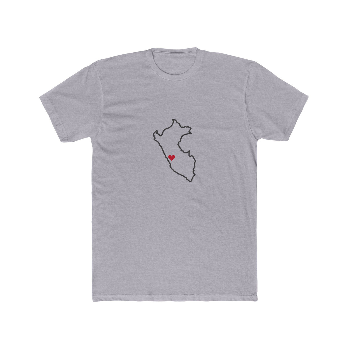 Peru Limatambo Mission Heart Map shirt in Heather Grey: Peru outline with a red heart, front view