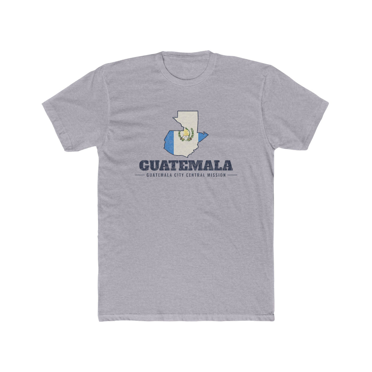 Guatemala Guatemala City Central Mission Flag Map shirt in Heather Grey: flag of Guatemala in the outline of Guatemala with navy lettering, front view