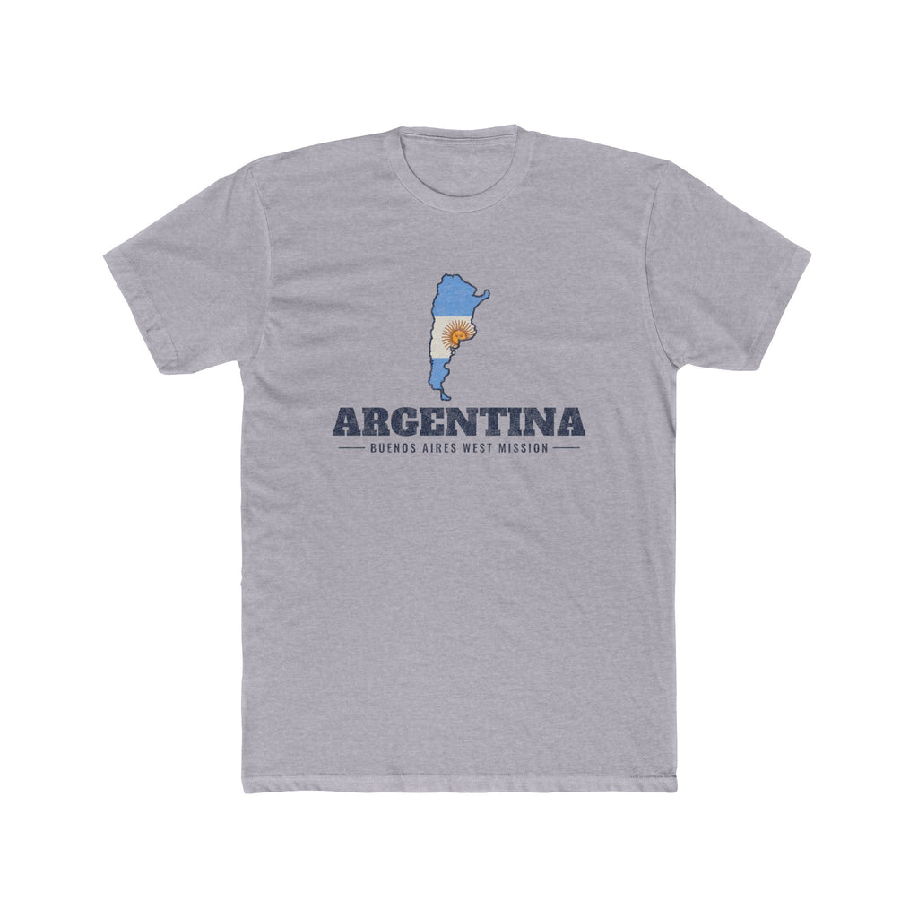 Argentina Buenos Aires West Mission Flag Map shirt in Heather Grey: flag of Argentina in the outline of Argentina with navy lettering, front view
