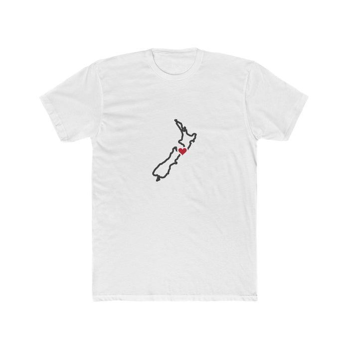New Zealand Wellington Mission Heart Map shirt in White: New Zealand outline with a red heart, front view