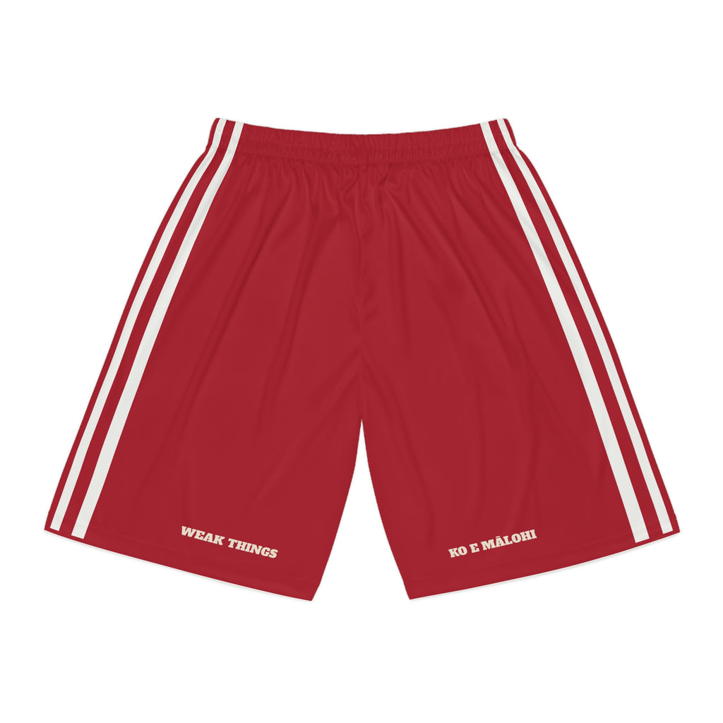 Tonga Nukualofa Mission Basketball Shorts, back view with WEAK THINGS and KO E MĀLOHI on the legs