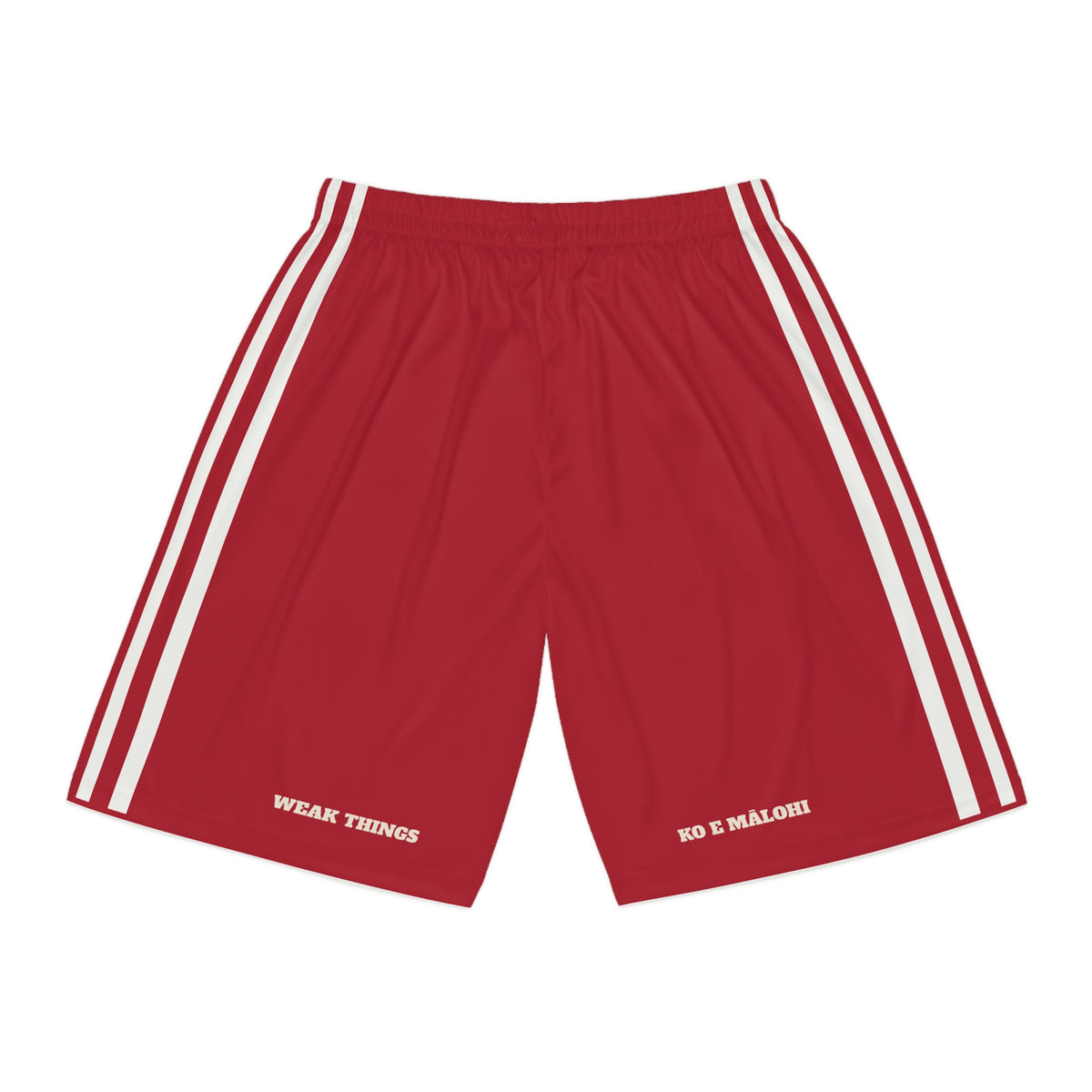 Tonga Nukualofa Mission Basketball Shorts, back view with WEAK THINGS and KO E MĀLOHI on the legs