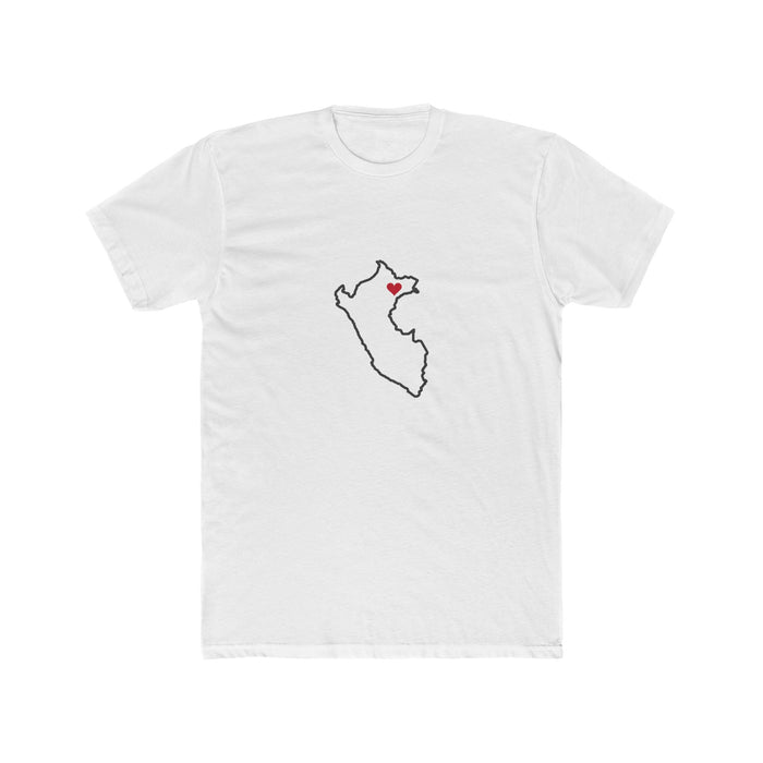 Peru Iquitos Mission Heart Map shirt in White: Peru outline with a red heart, front view