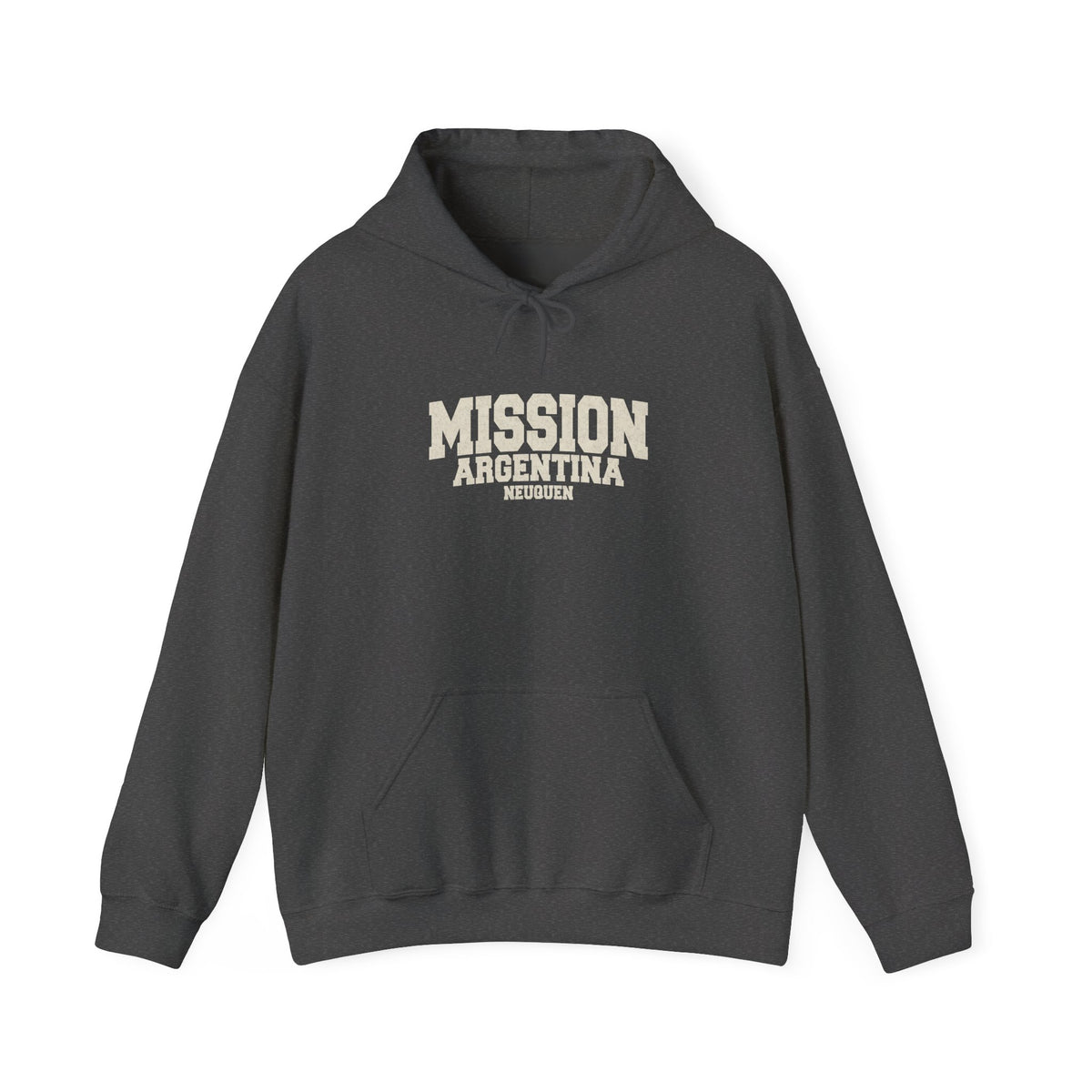 Argentina Neuquen Mission Hoodie in Dark Heather, front view with the varsity mission design