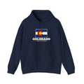 Colorado Denver East Mission Flag Map Hoodie in Navy, front view with the flag map and mission name