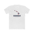 Hawaii Laie Mission Flag Map shirt in White: Hawaii state flag in the outline of Hawaii with navy lettering, front view