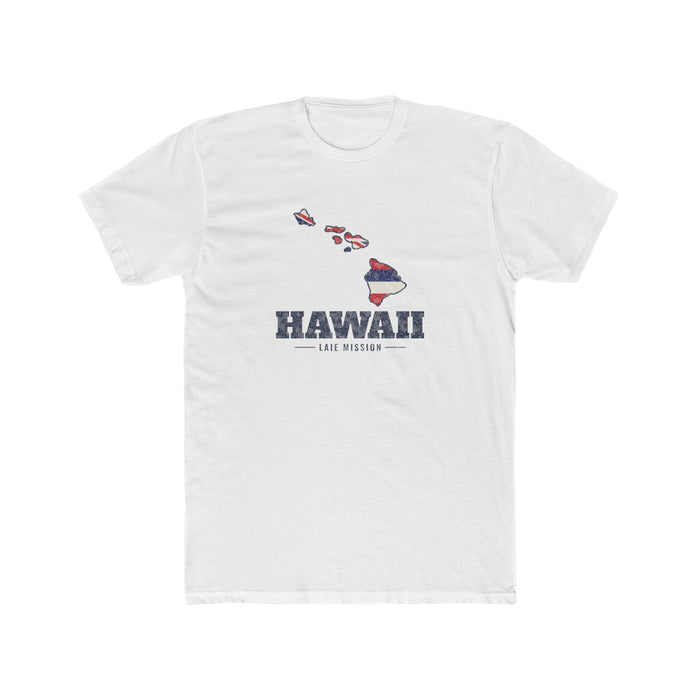 Hawaii Laie Mission Flag Map shirt in White: Hawaii state flag in the outline of Hawaii with navy lettering, front view
