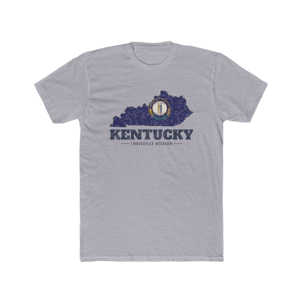 Kentucky Louisville Mission Flag Map shirt in Heather Grey: Kentucky state flag in the outline of Kentucky with navy lettering, front view