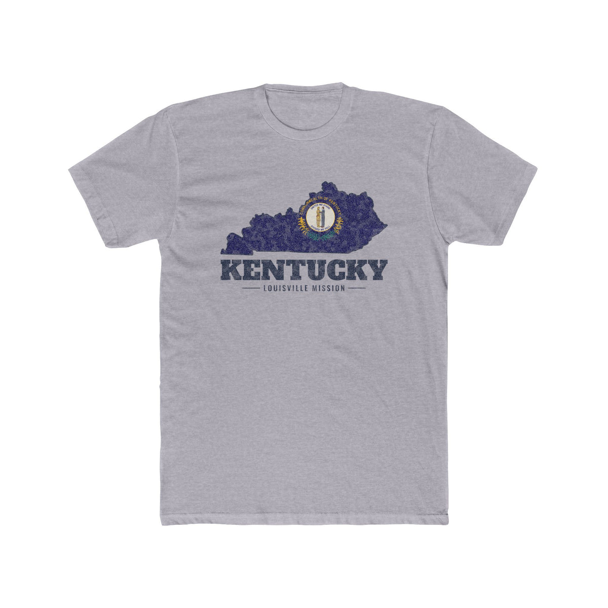 Kentucky Louisville Mission Flag Map shirt in Heather Grey: Kentucky state flag in the outline of Kentucky with navy lettering, front view