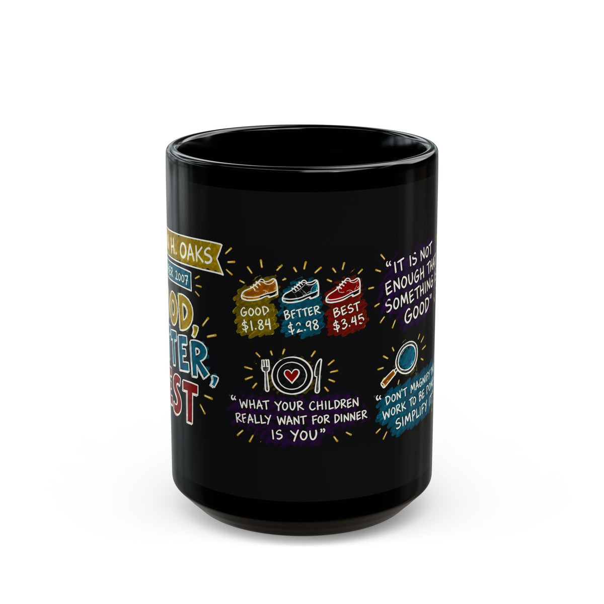Good, Better, Best Sketch Note Black Mug — Dallin H. Oaks