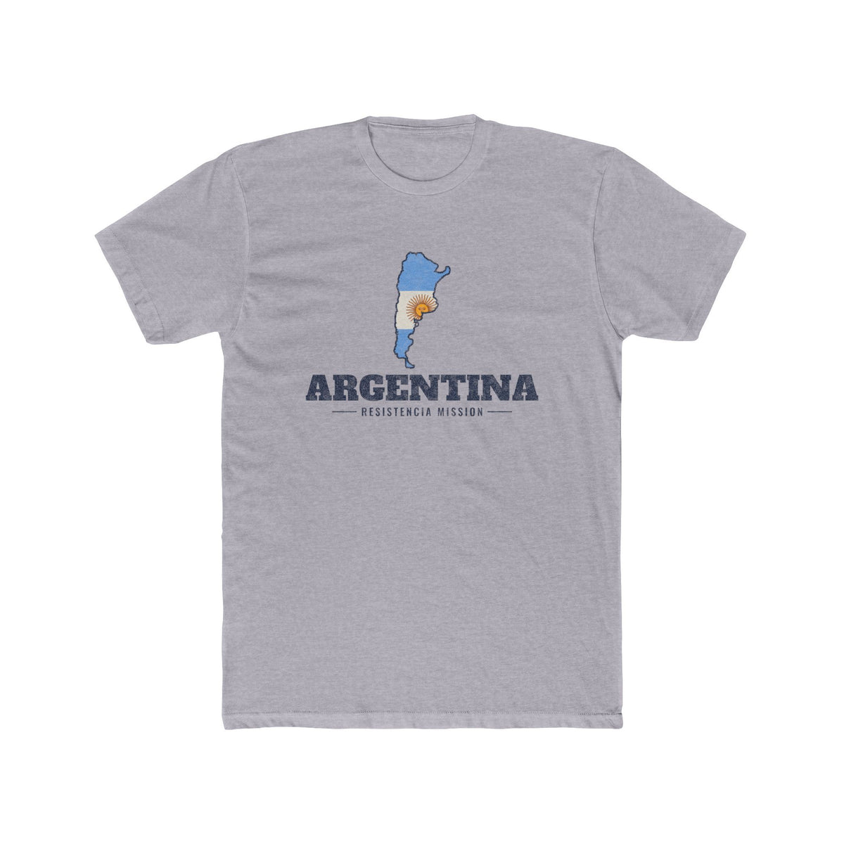 Argentina Resistencia Mission Flag Map shirt in Heather Grey: flag of Argentina in the outline of Argentina with navy lettering, front view