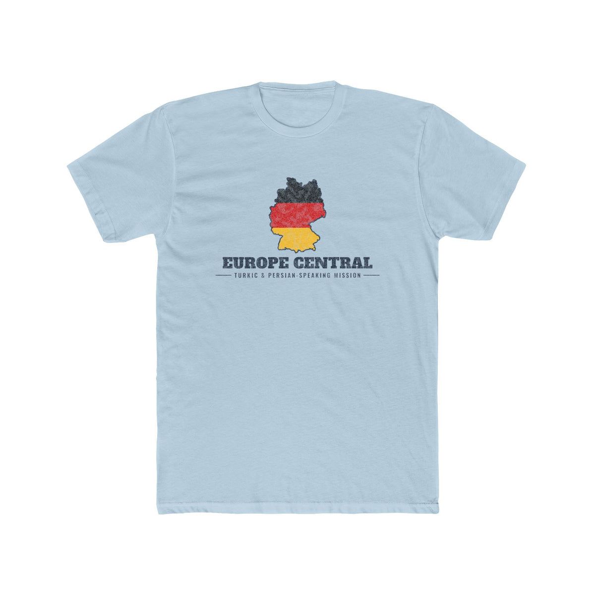 Europe Central Turkic and Persian-Speaking Mission Flag Map shirt in Desert Pink: German flag in the outline of Germany with navy lettering, front view